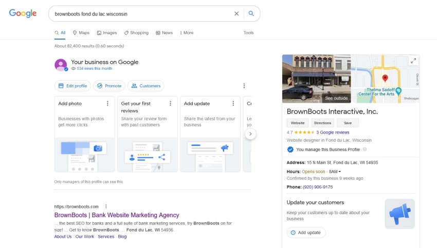BrownBoots' Google Business Profile displayed on a search engine results page