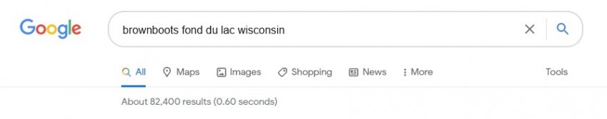 Google search field filled with the words "brownboots fond du lac wisconsin"