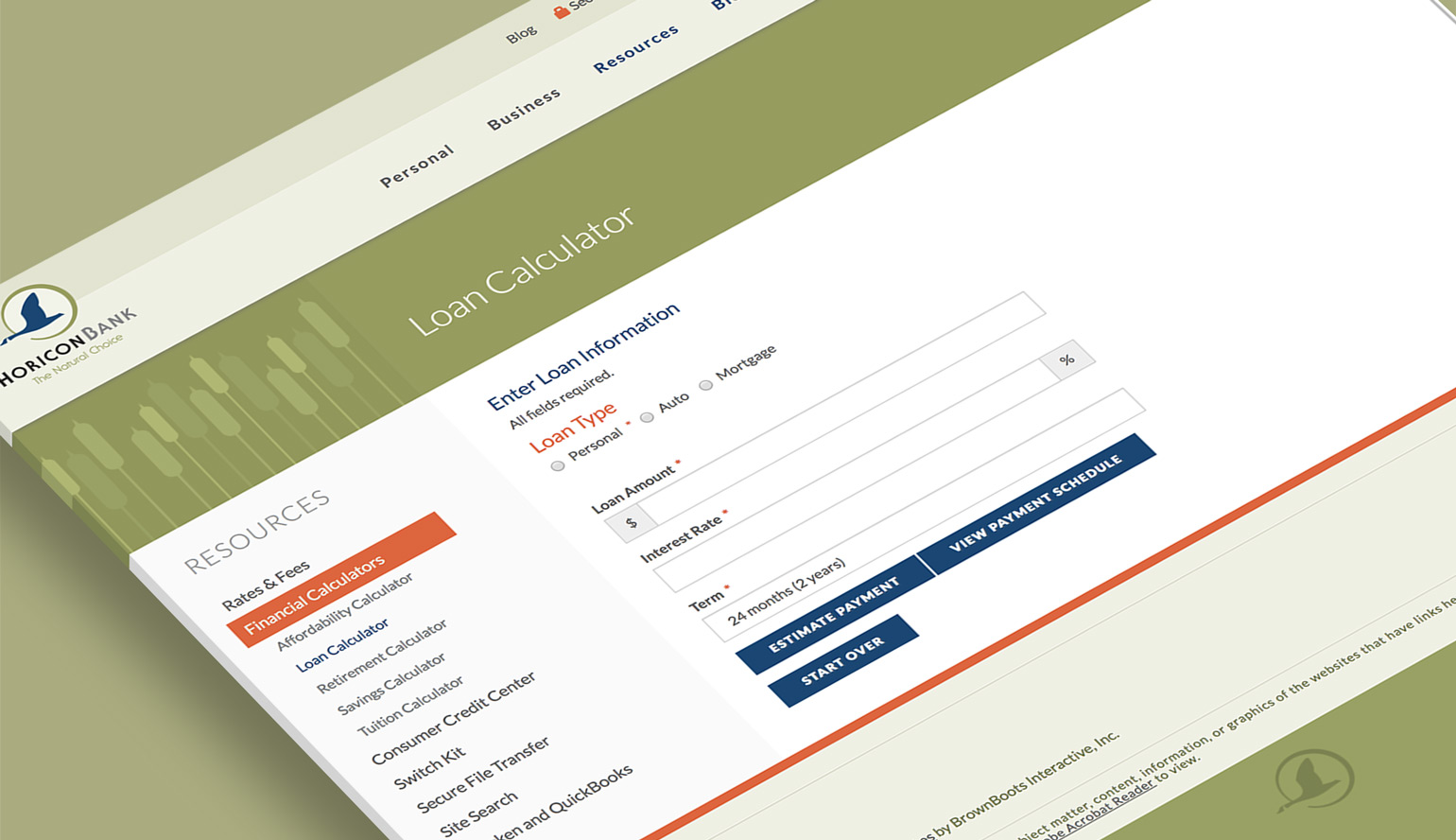 Horicon Bank's financial calculators displayed on the bank website