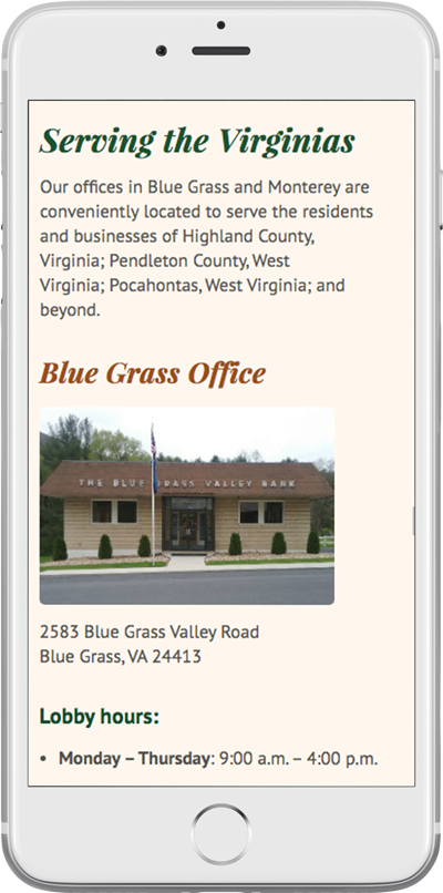 The Blue Grass Valley Bank’s responsive bank website on a smartphone