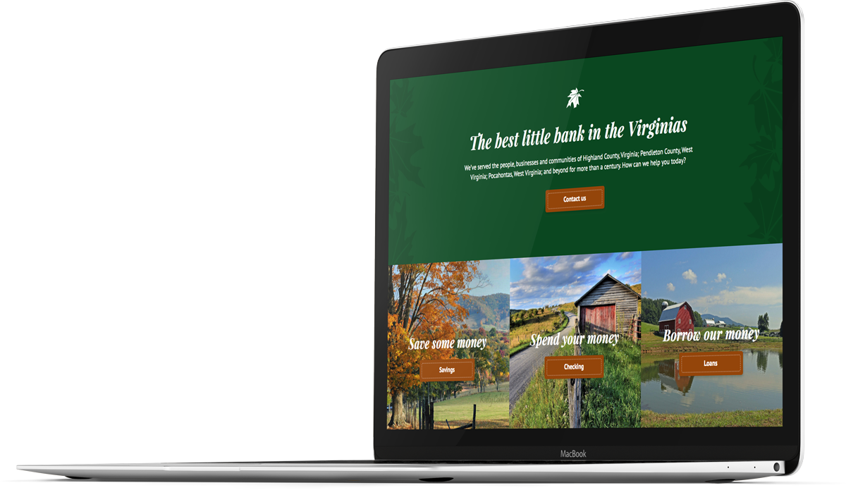 Bank website design for The Blue Grass Valley Bank on a laptop screen