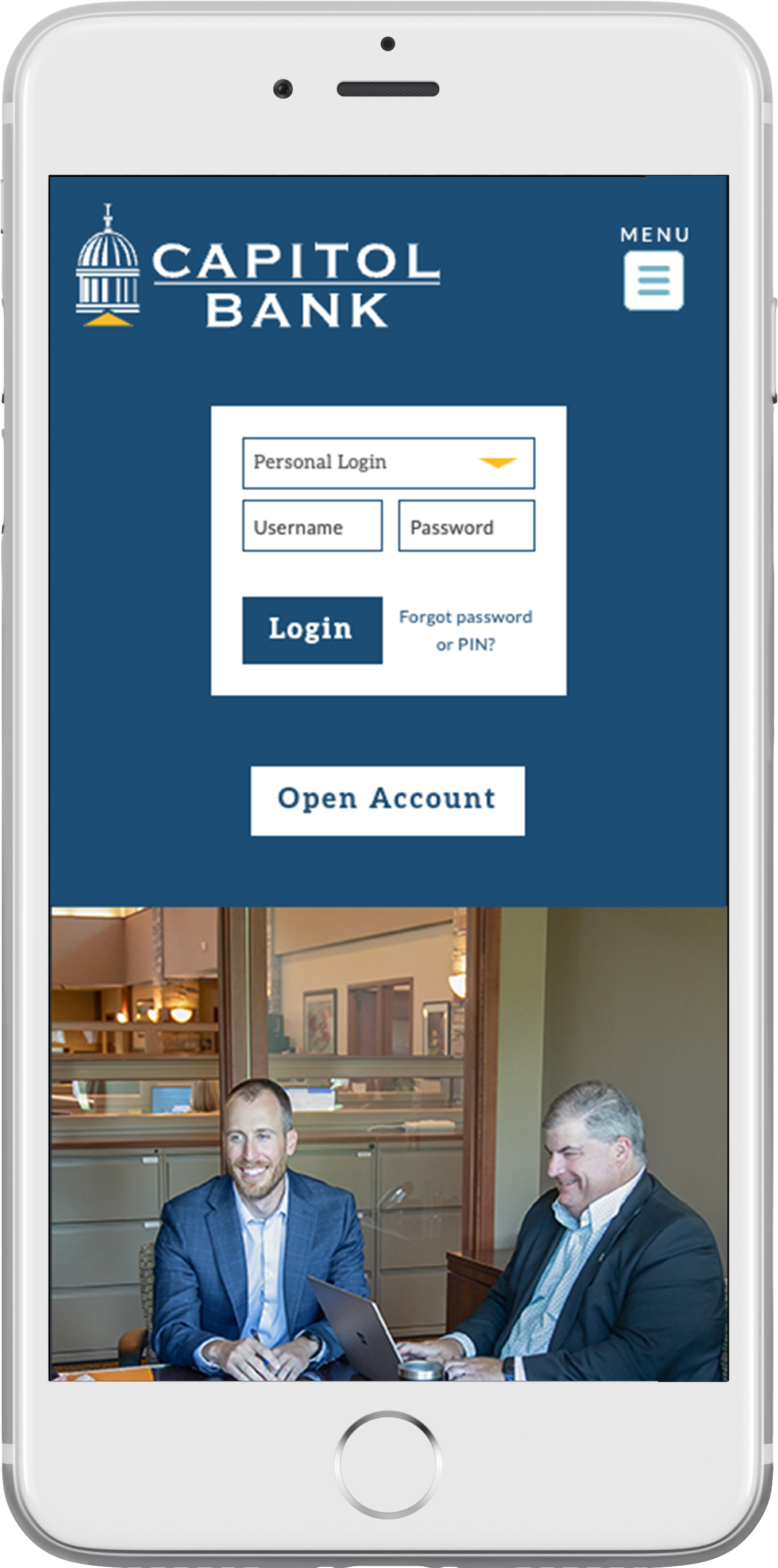 Capitol Bank responsive bank website on a smartphone