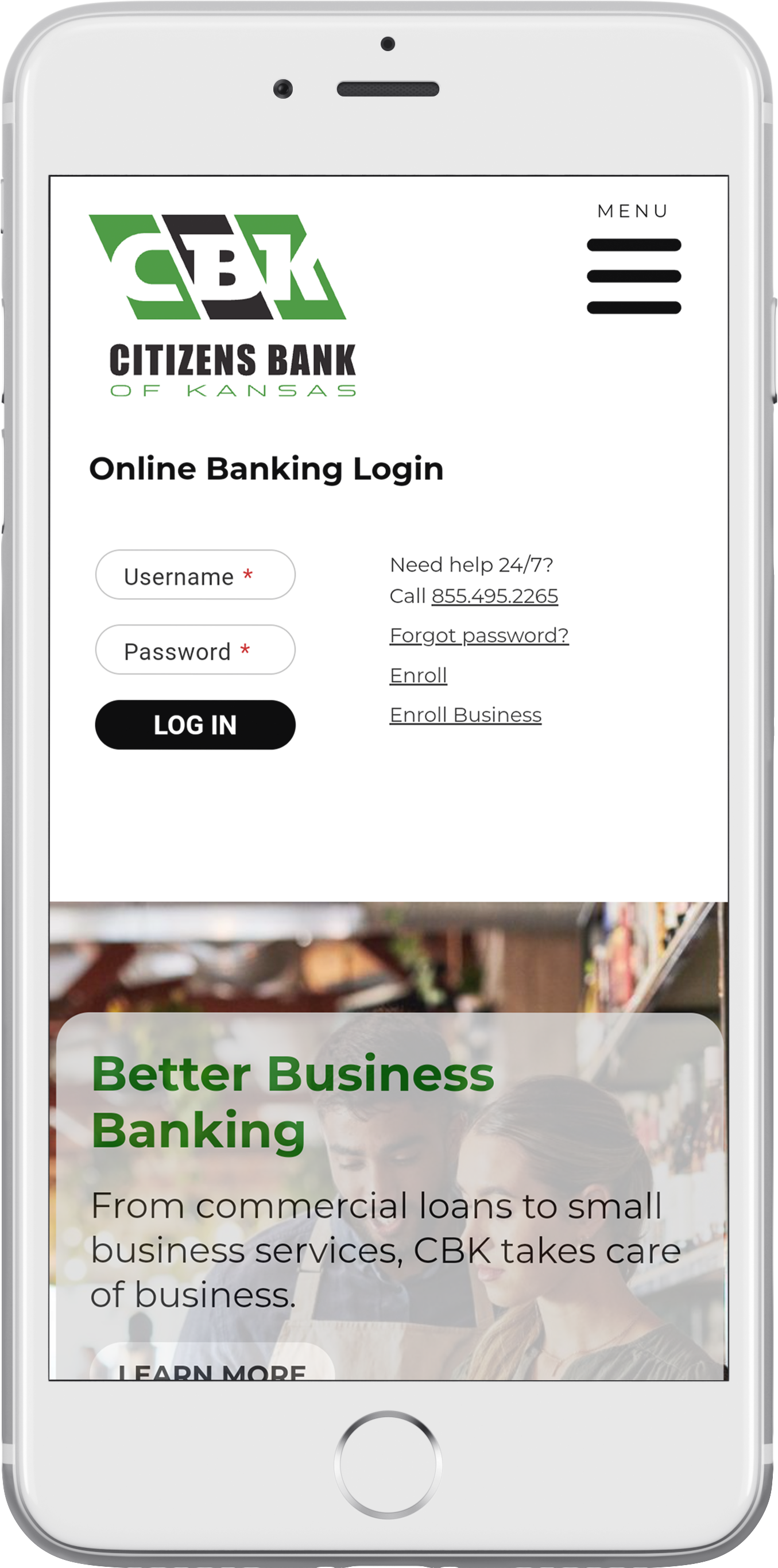 Citizens Bank of Kansas’ responsive bank website on a smartphone