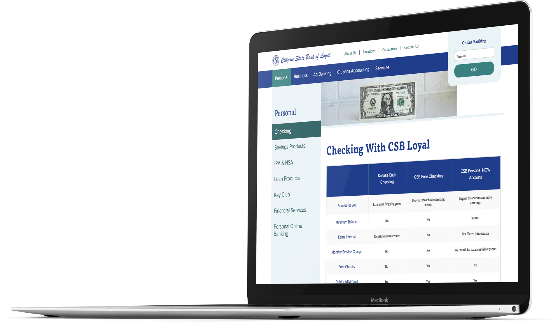 Bank website design for Citizens State Bank of Loyal on a laptop screen