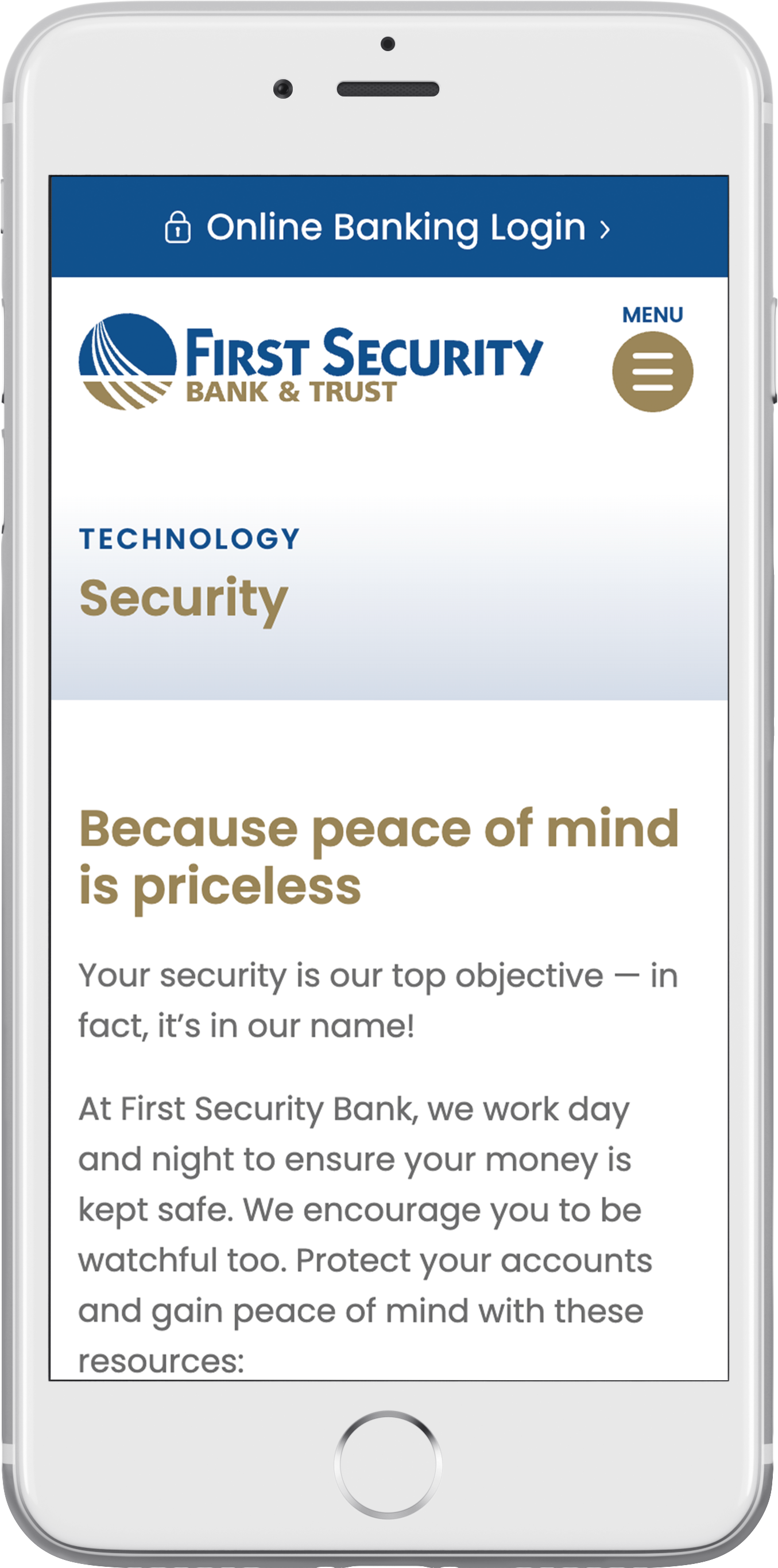 First Security Bank and Trust’s responsive bank website on a smartphone