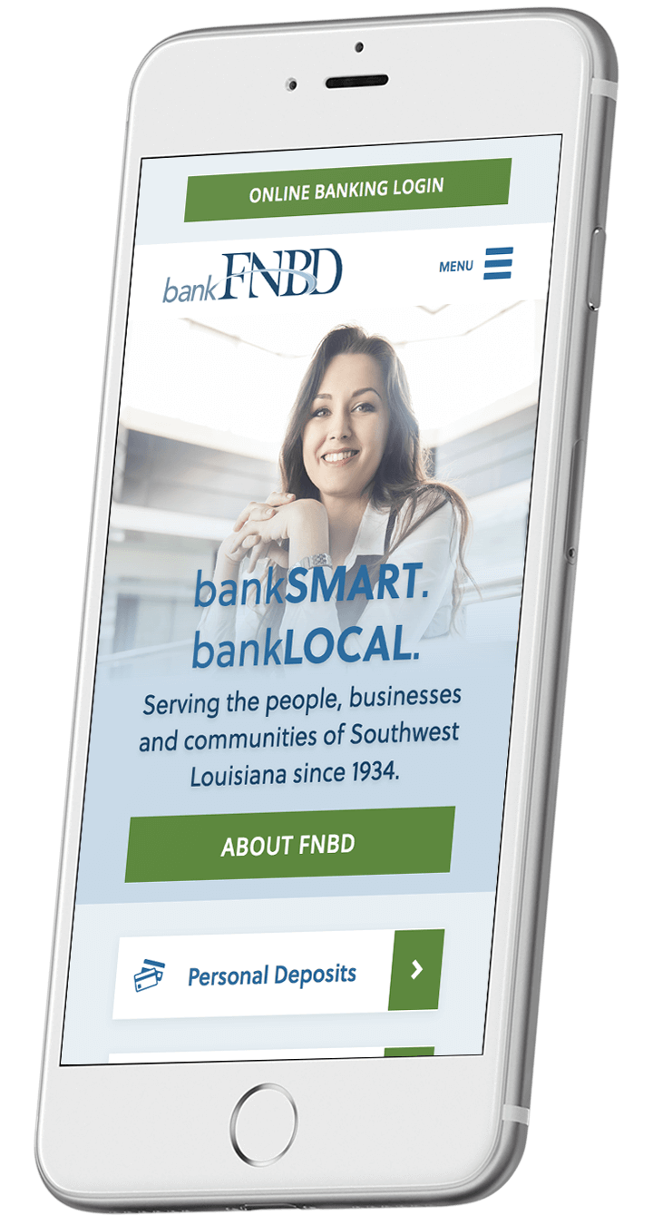 FNBD's responsive bank website on a smartphone