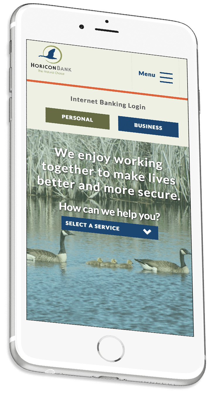 Horicon Bank's responsive bank website on a smartphone