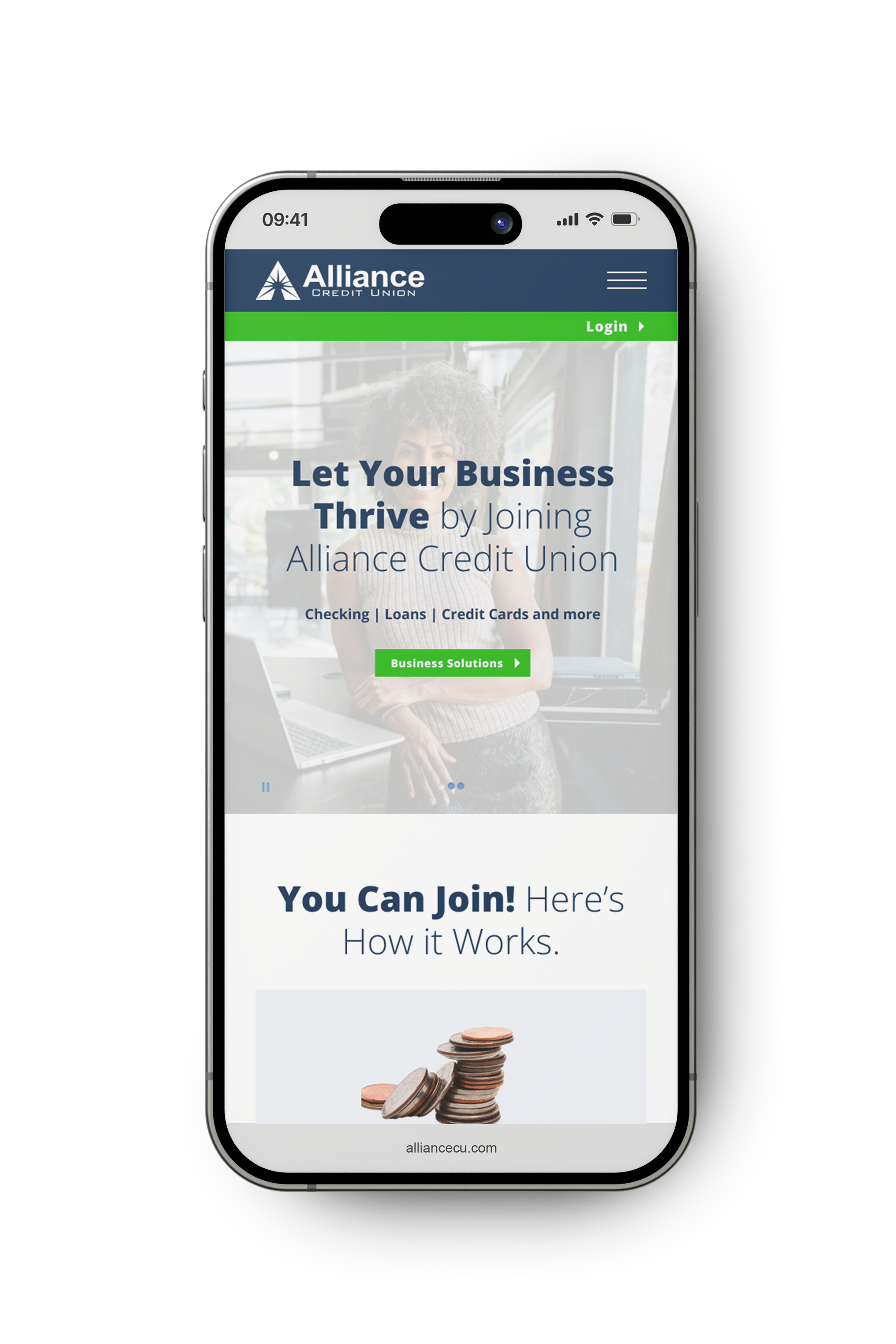 Alliance Credit Union responsive website on a smartphone