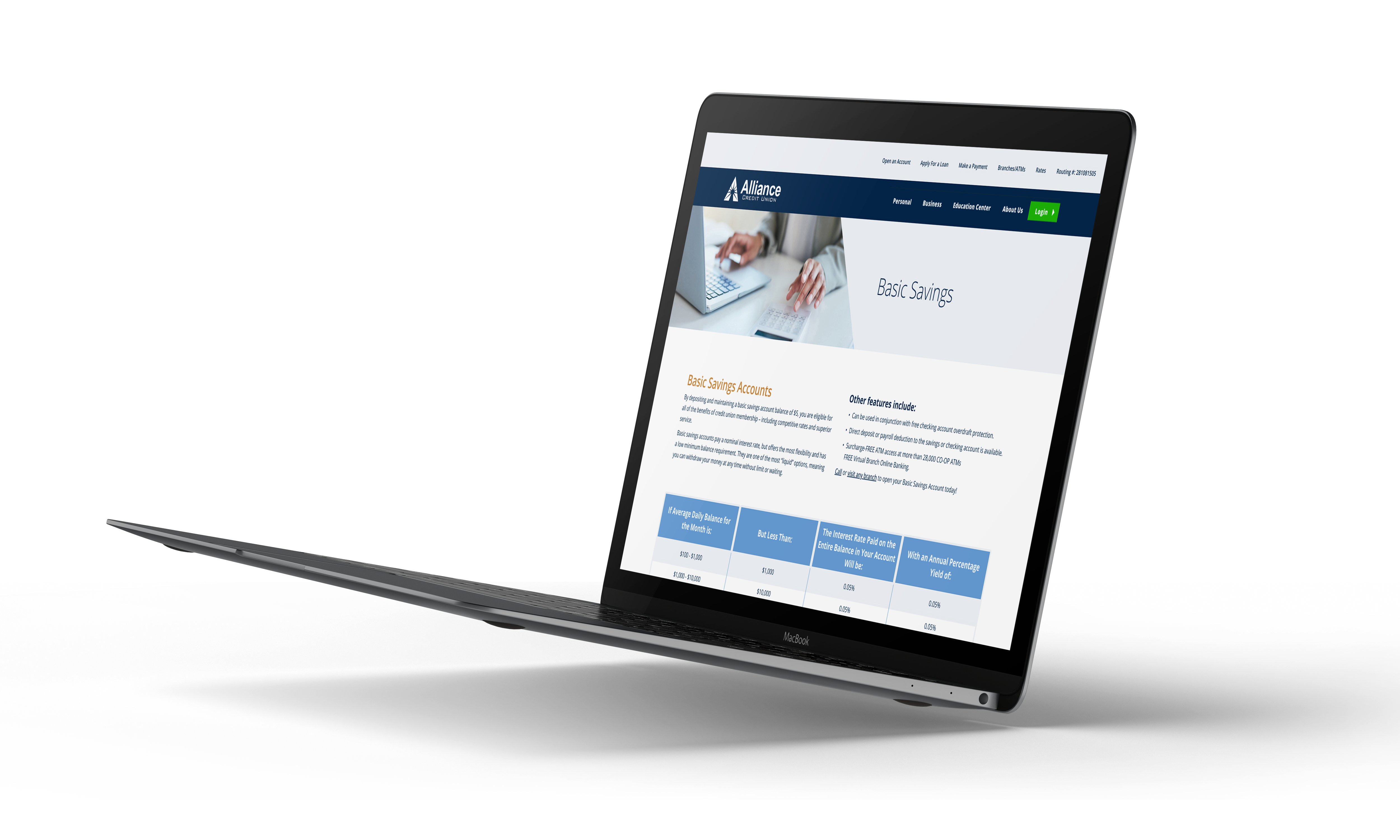 Credit union website design for Alliance Credit Union on a laptop screen