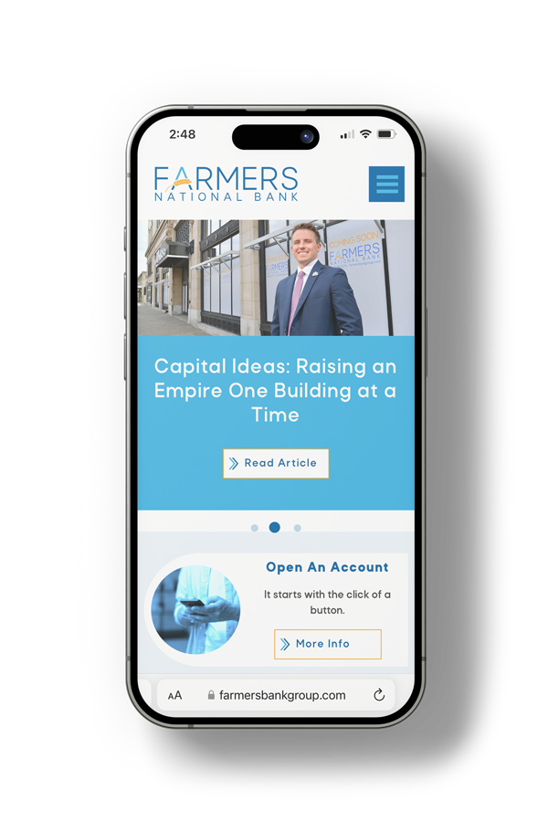 Farmers National Bank responsive bank website on a smartphone