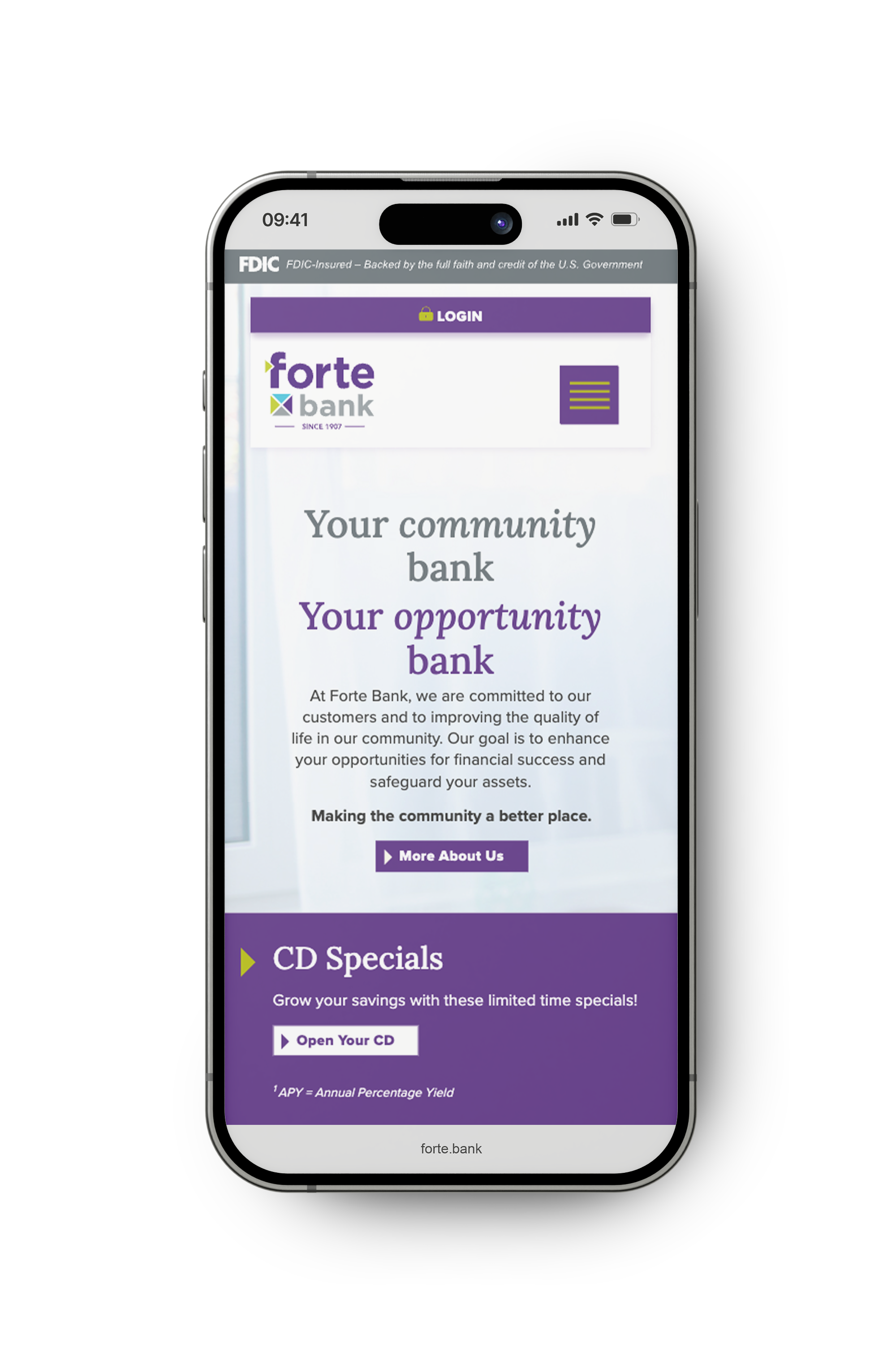 Forte Bank responsive website on a smartphone