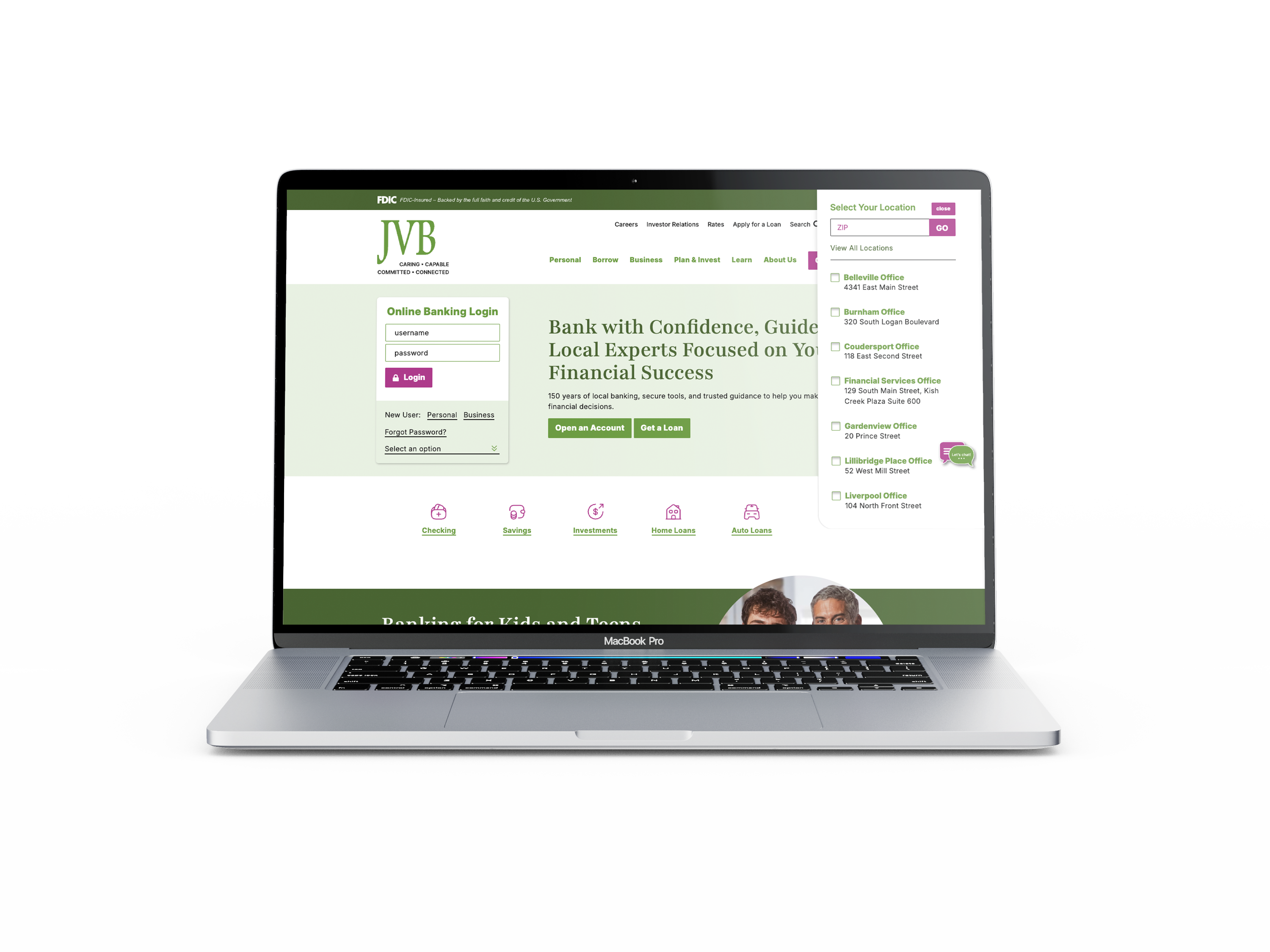 Location selector on the JVB website