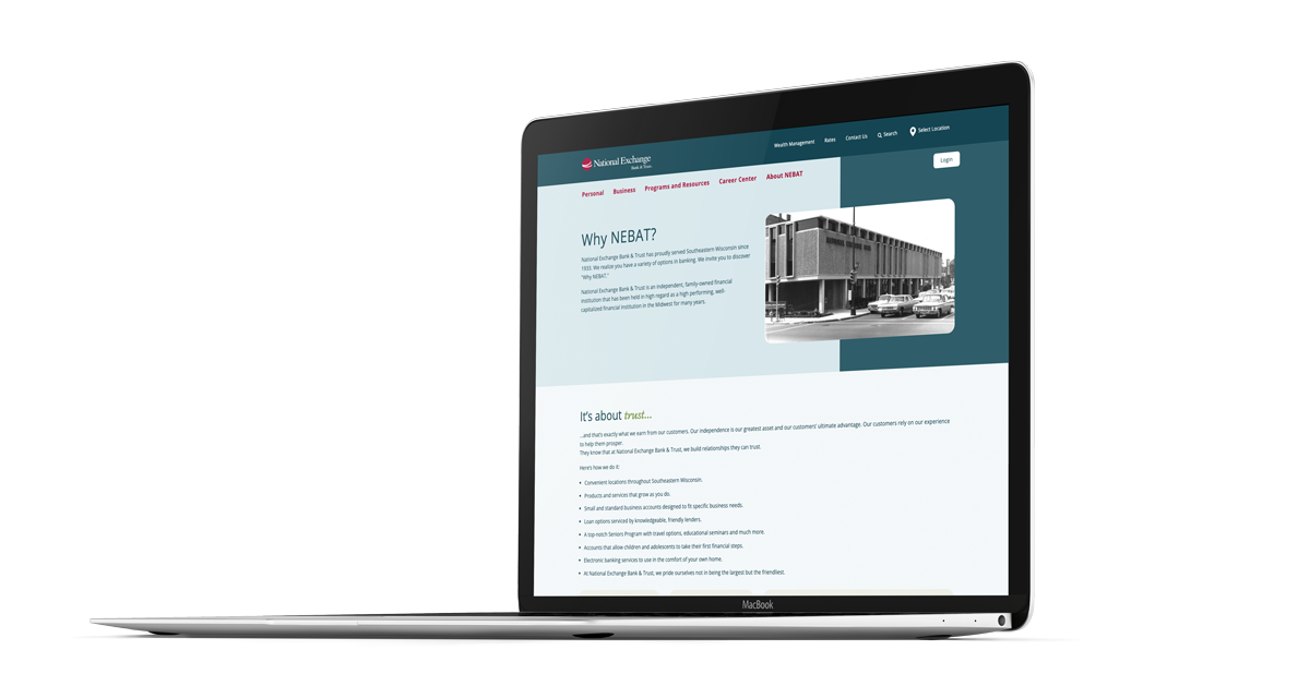 Bank website design for National Exchange Bank & Trust on a laptop screen