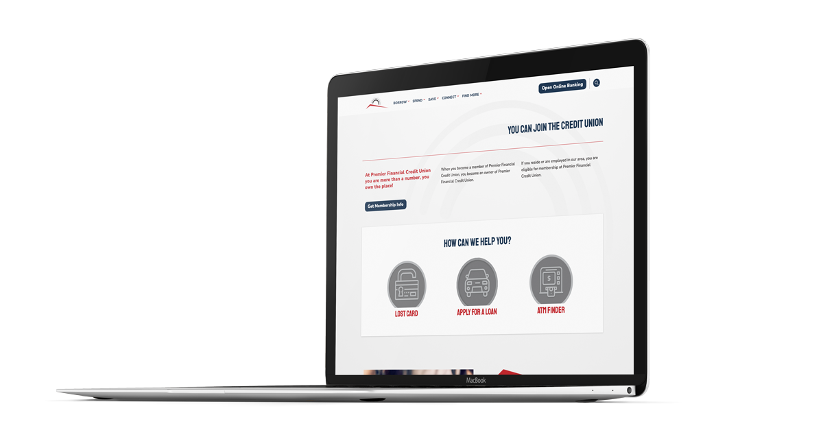 Credit union website design for Premier Financial Credit Union on a laptop screen