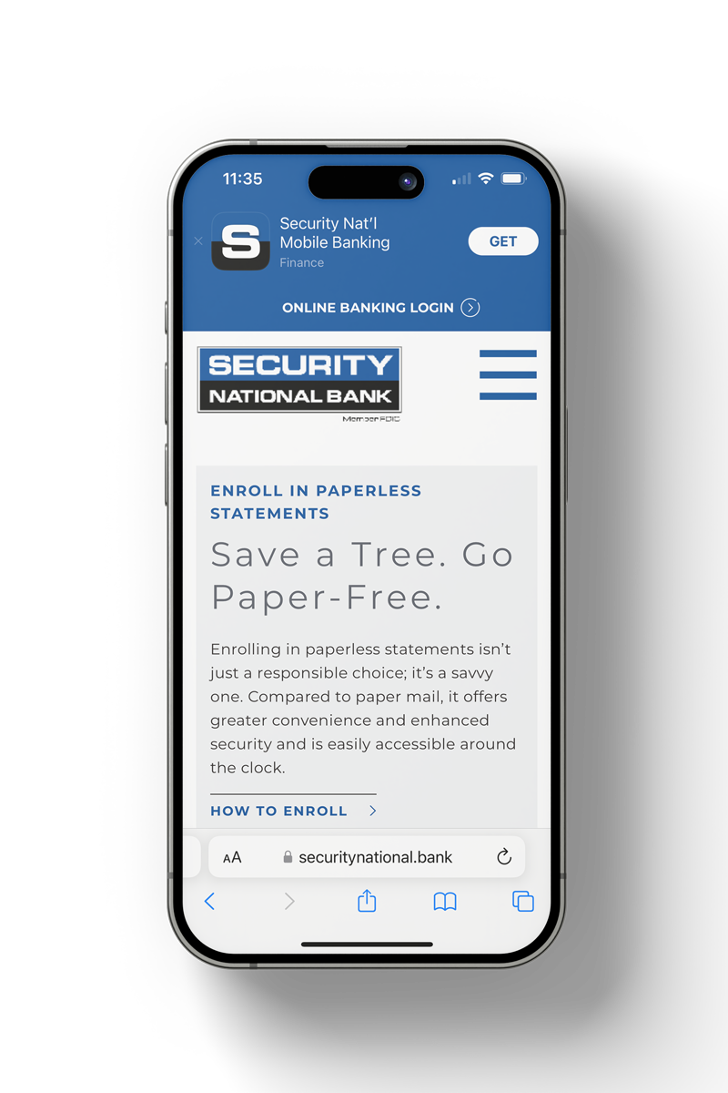 Security National Bank responsive bank website on a smartphone