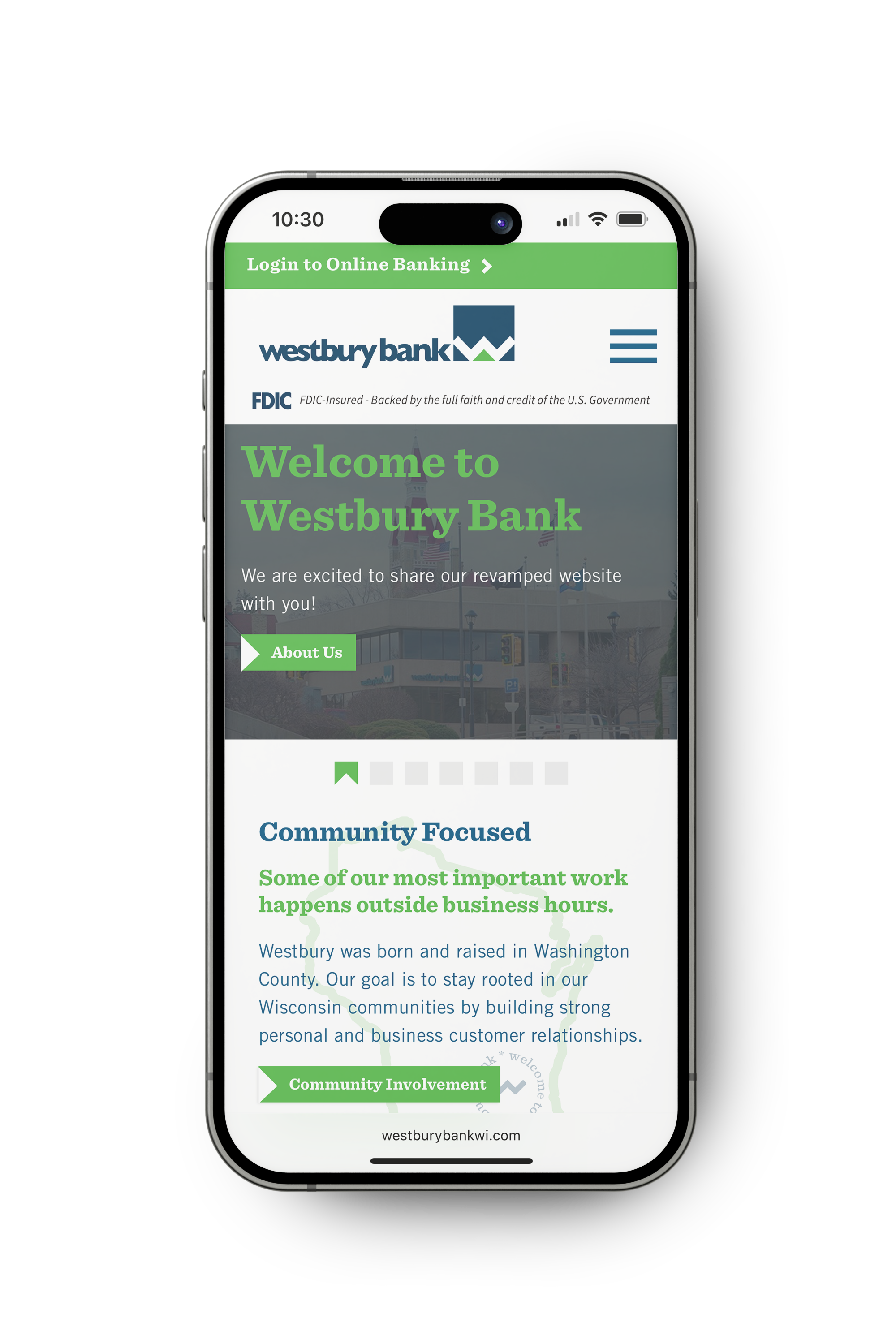 Westbury Bank responsive website on a smartphone