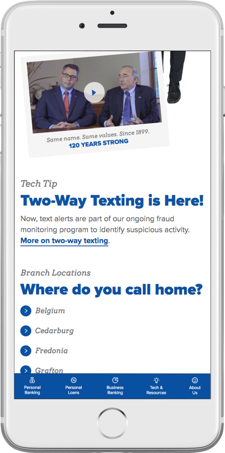 Port Washington State Bank’s responsive bank website on a smartphone