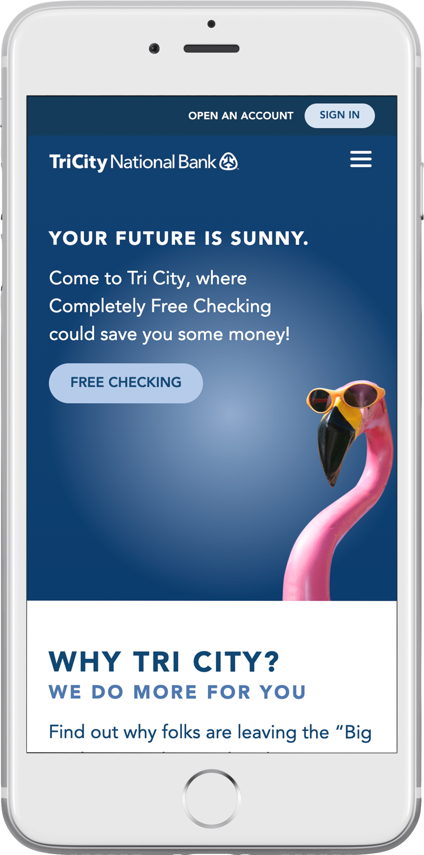 Tri City National Bank’s responsive bank website on a smartphone
