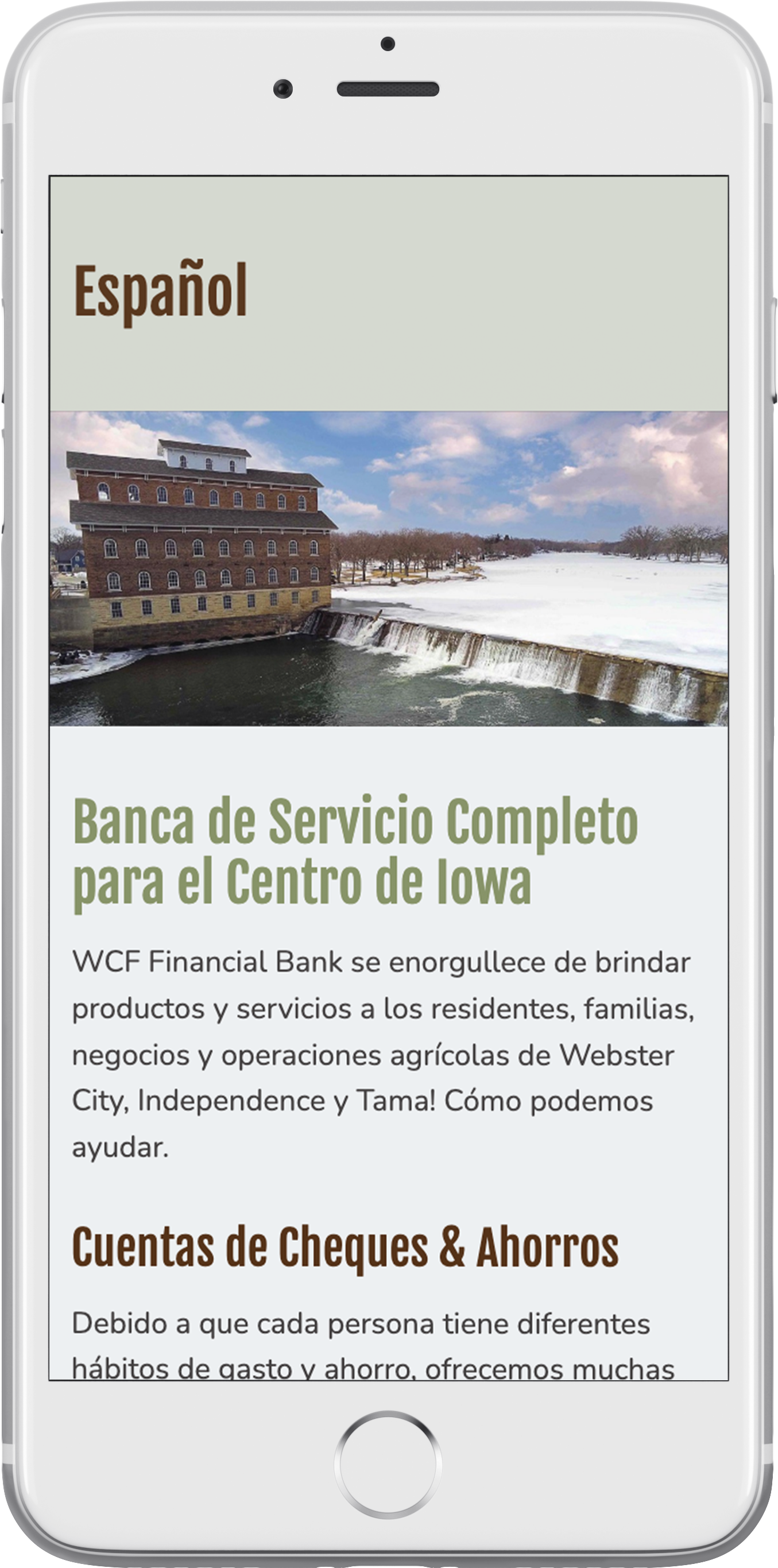 WCF Financial Bank’s responsive bank website on a smartphone